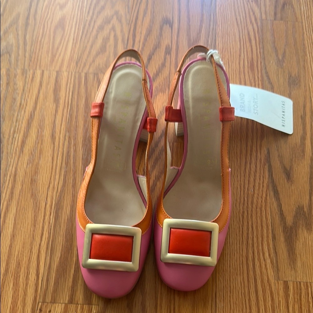 Color Block Pink and Orange Slingback Heels with Buckle